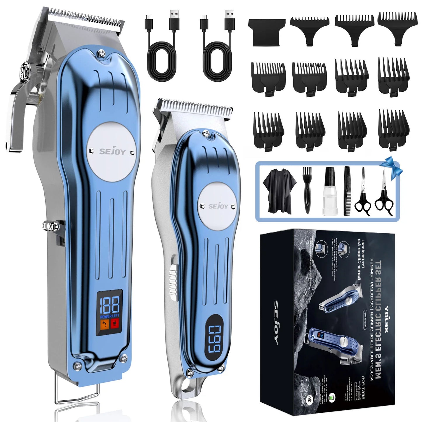 SEJOY  2 pcs/set Hair Clippers Kit  Haircet Machine T-Blade Hair Trimmer Kit LED Display USB Fast Charging Barber Accessories