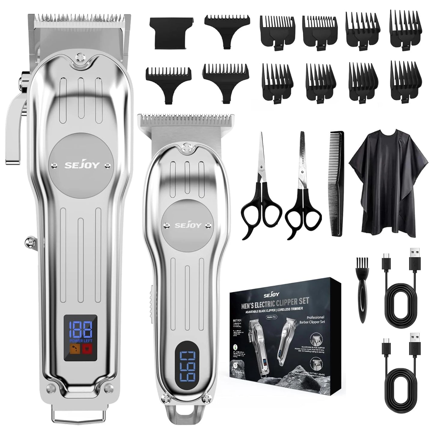 SEJOY  2 pcs/set Hair Clippers Kit  Haircet Machine T-Blade Hair Trimmer Kit LED Display USB Fast Charging Barber Accessories