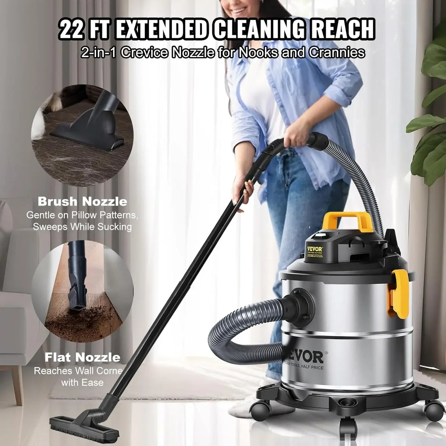 Stainless Steel Wet Dry Shop Vacuum, 5.5 Gallon 6 Peak HP Wet/Dry Vac, Powerful Suction with Blower Function
