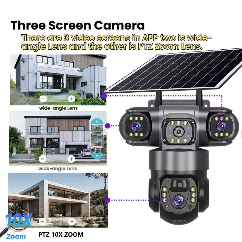 Solar Camera 4G Sim Outdoor 3 Lens 3 Screen 10X Zoom PIR Human Detect Cameras Waterproof Night Vision CCTV Security Protection