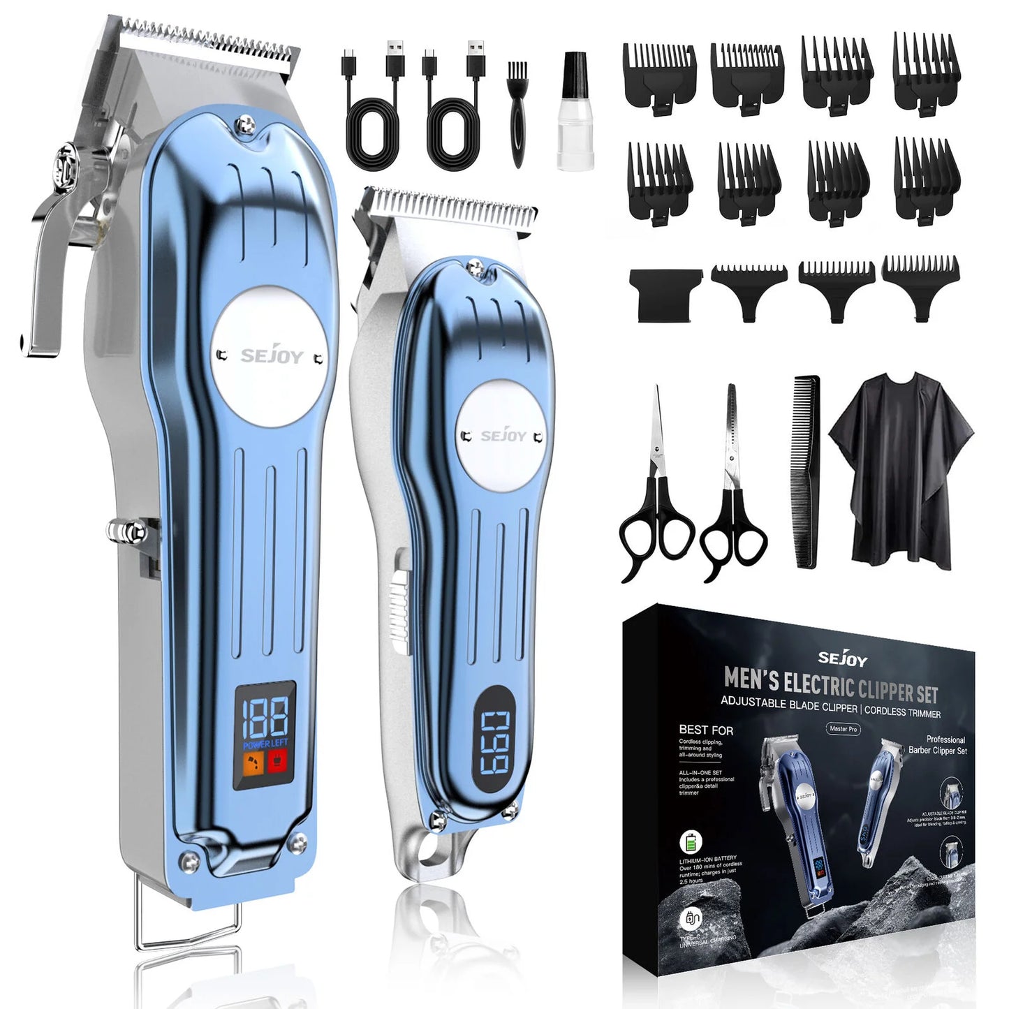 SEJOY  2 pcs/set Hair Clippers Kit  Haircet Machine T-Blade Hair Trimmer Kit LED Display USB Fast Charging Barber Accessories