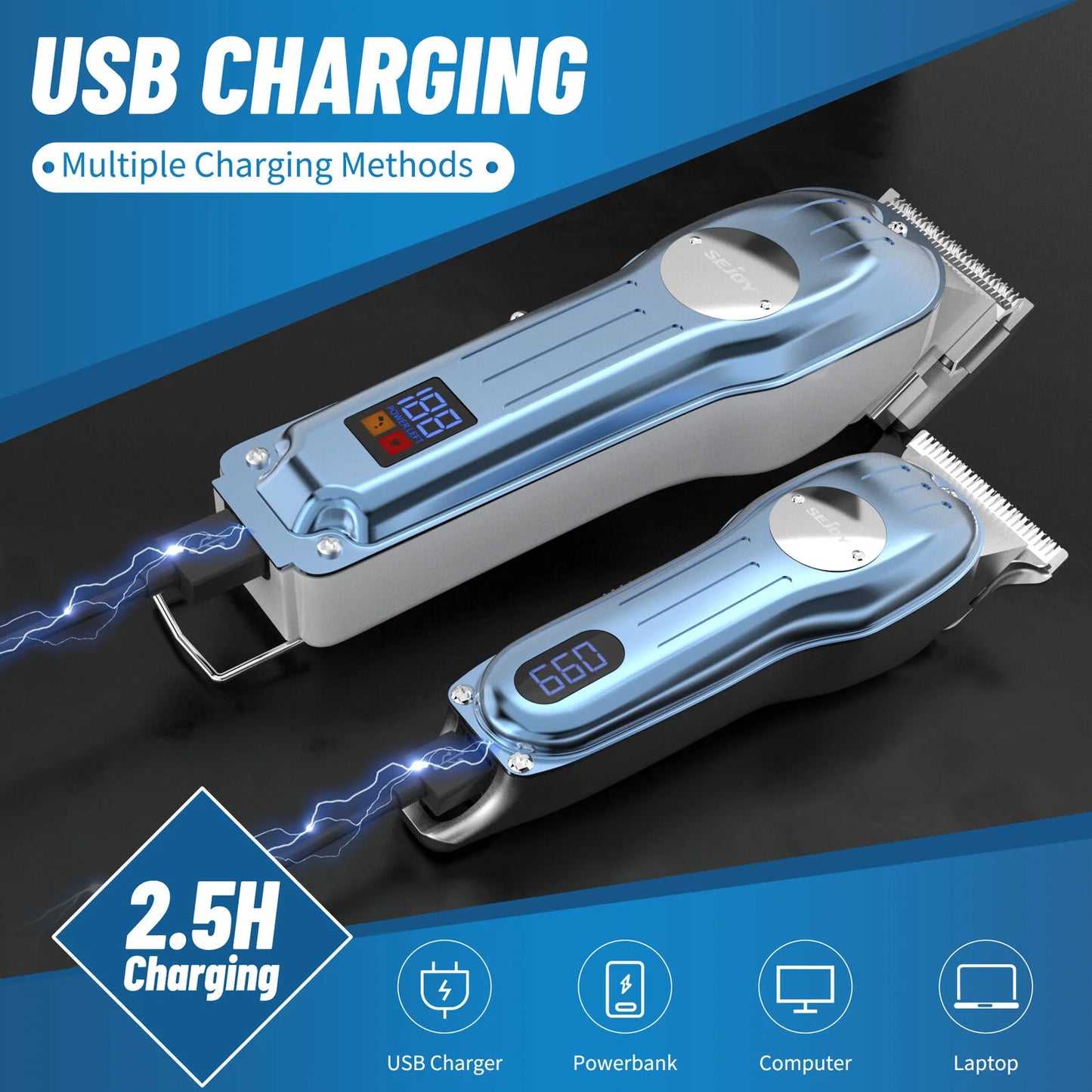 SEJOY  2 pcs/set Hair Clippers Kit  Haircet Machine T-Blade Hair Trimmer Kit LED Display USB Fast Charging Barber Accessories