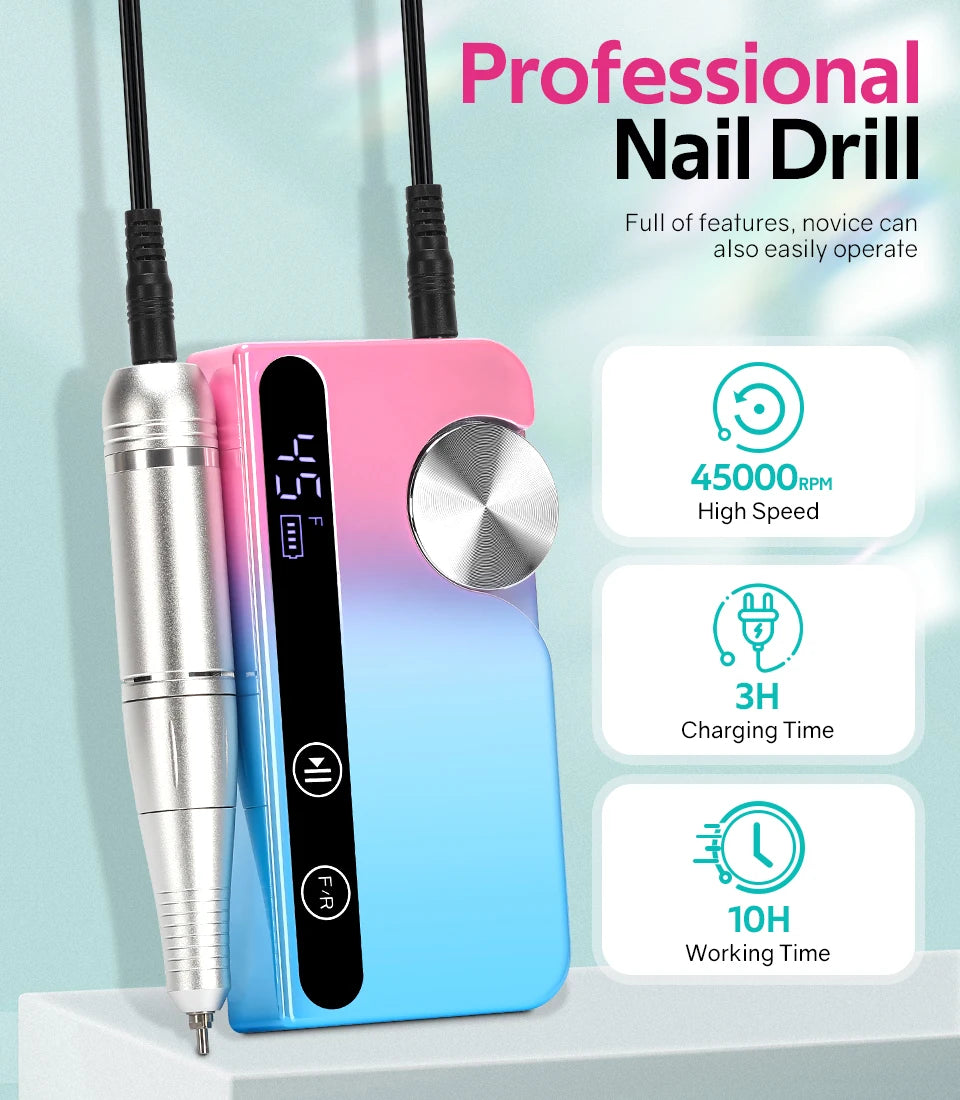 DianaBeauty 45000RPM Nail Drill Machine Portable Nail Polisher USB Charging Low Voice  Electric Nail Lathe with HD LCD Display